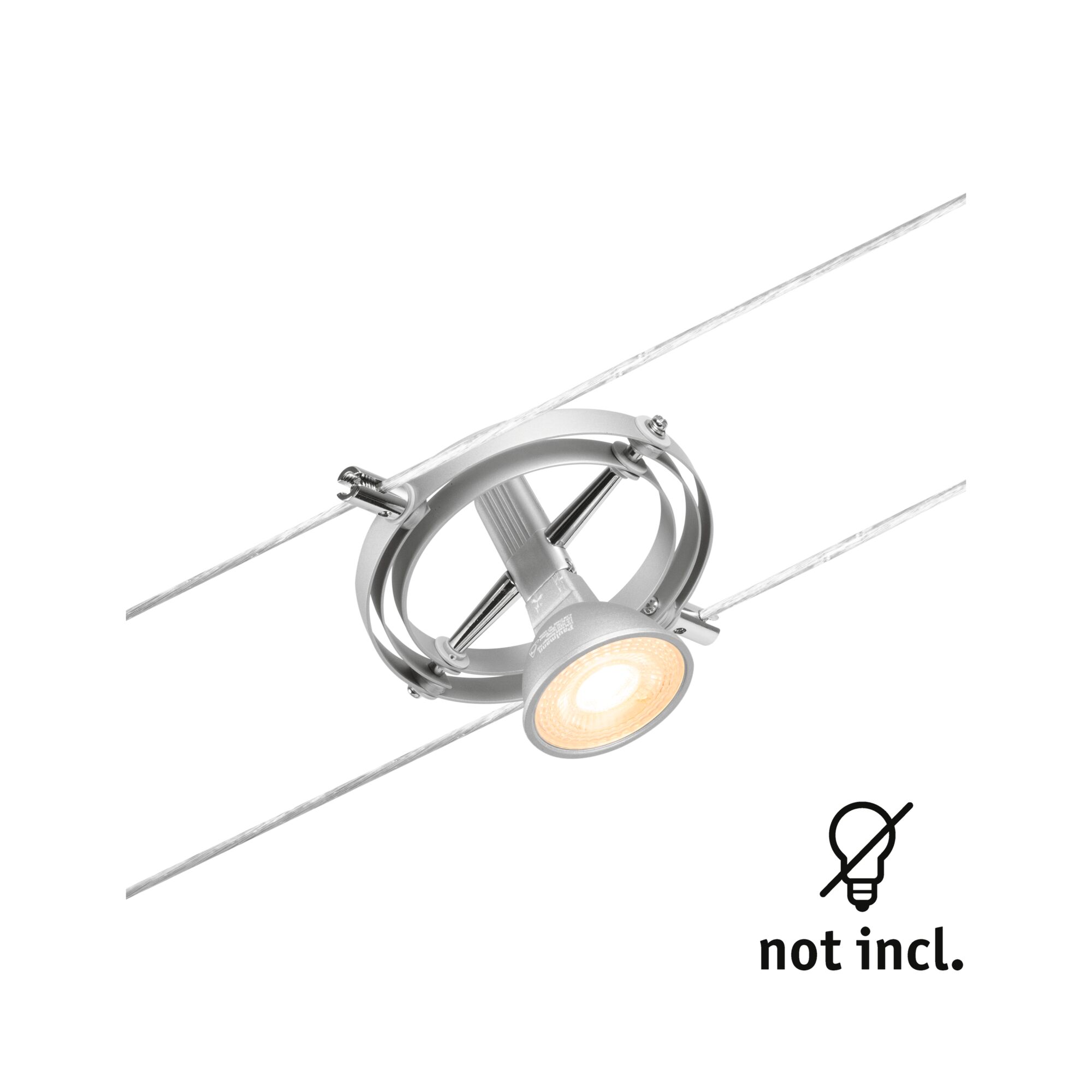 Zilveren metalen kabelspot met warm wit LED-licht, geschikt voor moderne verlichtingssystemen.