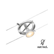 Srebrna metalowa lampa LED na linkę z ciepłym białym światłem i nowoczesnym oświetleniem kablowym
