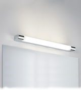Modern chrome LED wall light with white diffuser above mirror for bathroom lighting