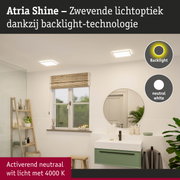 Moderne badkamer met Atria Shine LED-plafondlampen in neutraal wit licht en houten plank