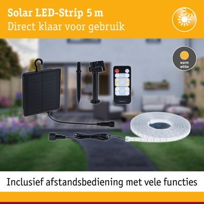 Zonnelamp LED-strip 5 m met afstandsbediening en warm wit licht voor energiezuinige buitenverlichting