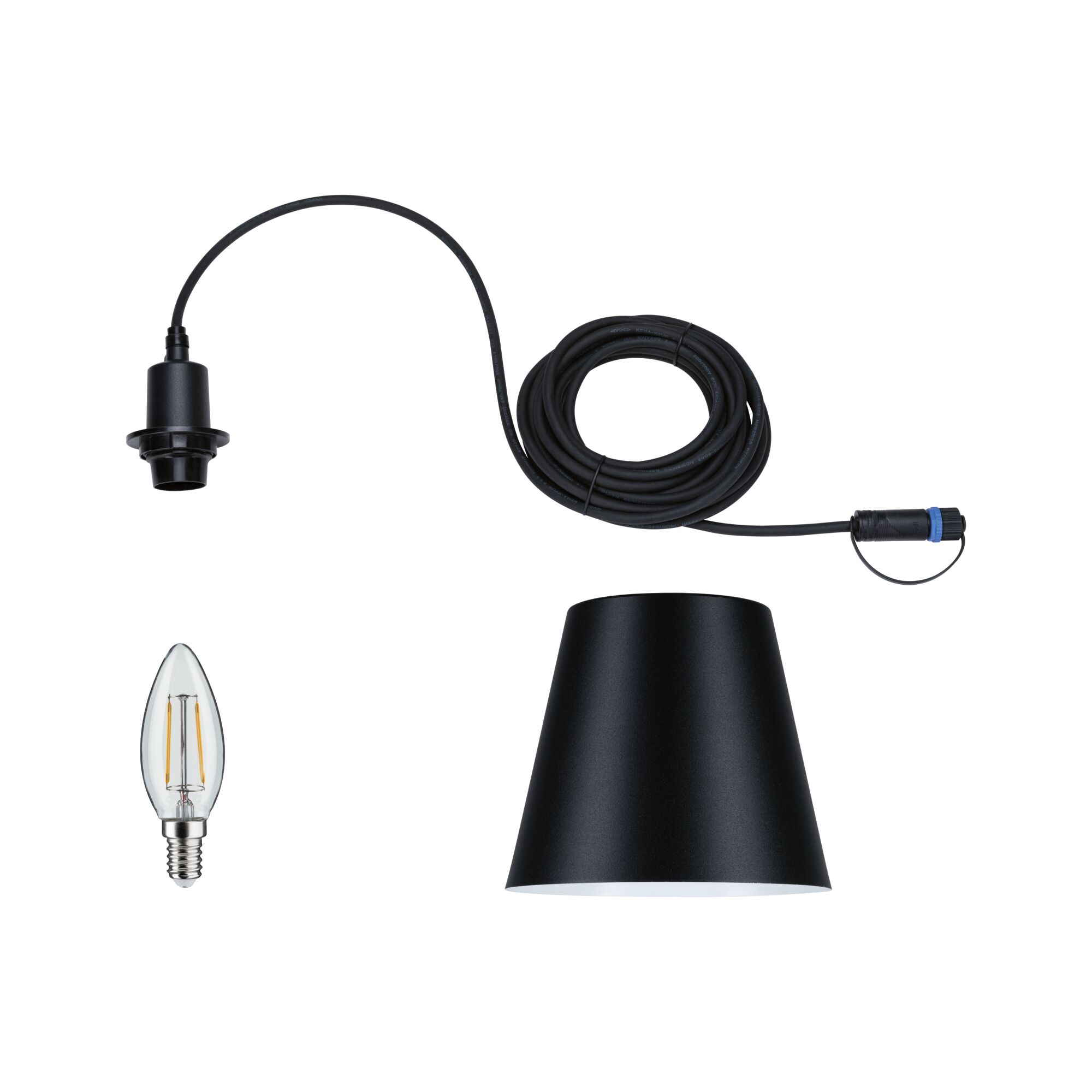 Black lamp set with cable, socket, and LED bulb for modern lighting solutions