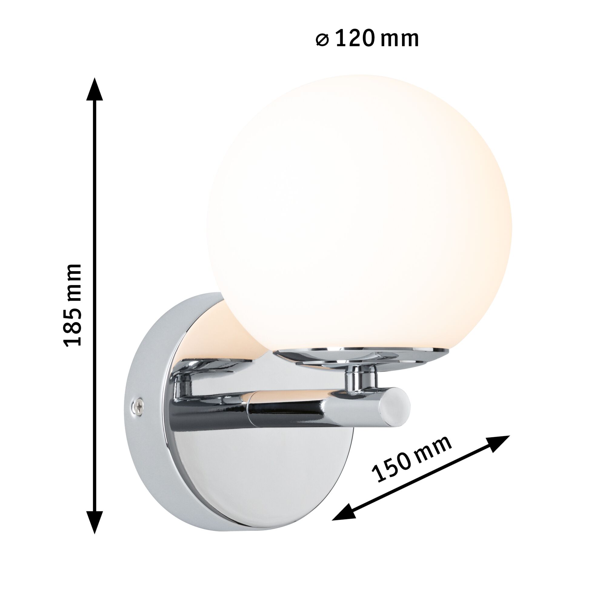 Wall lamp with opal white glass and chrome metal, 120 mm diameter, modern lighting fixture