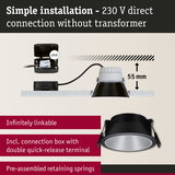 Black LED recessed spotlight with 55 mm depth and connection box for 230 V direct wiring without transformer