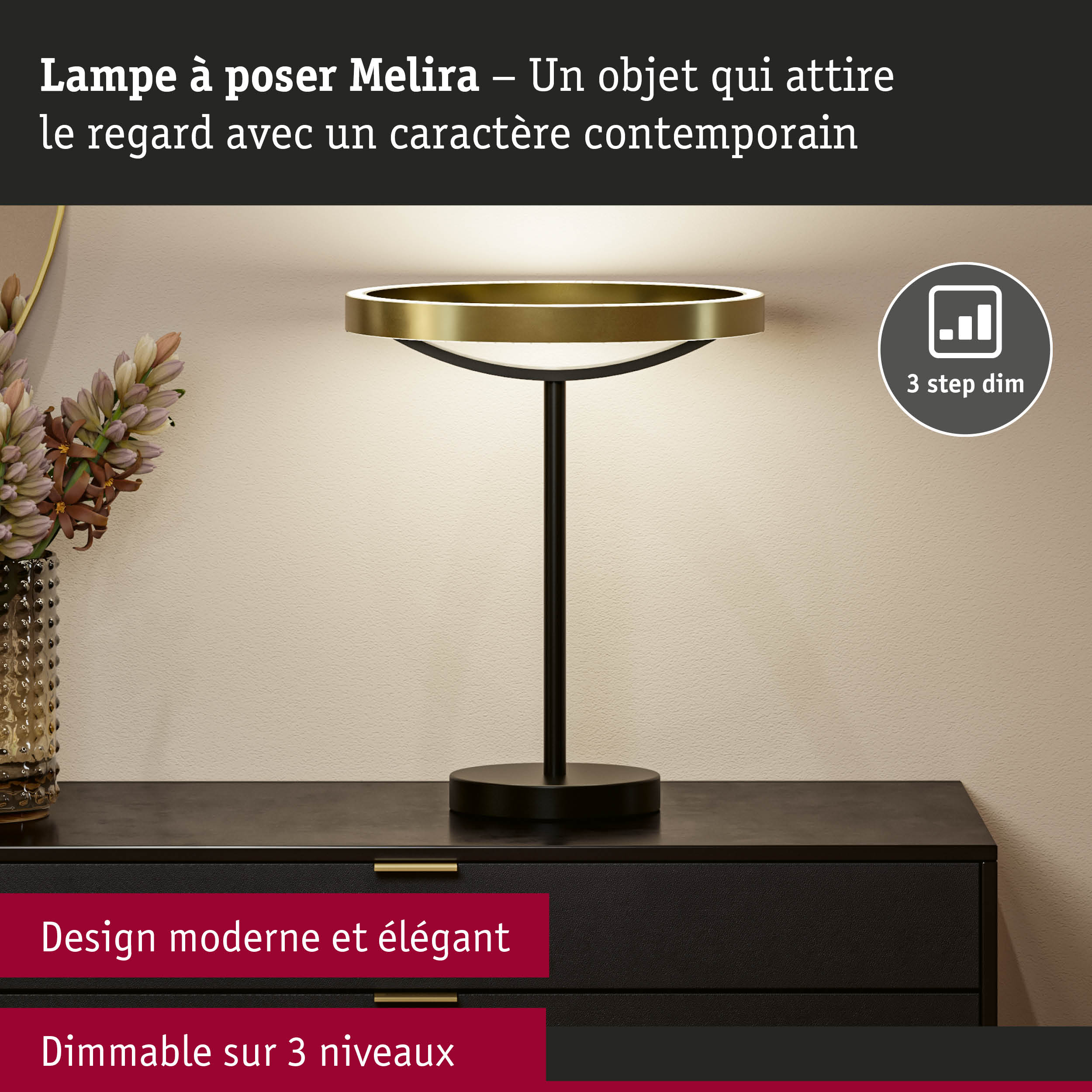 Lampe à poser Melira moderne avec anneau métallique doré et éclairage LED dimmable au design élégant