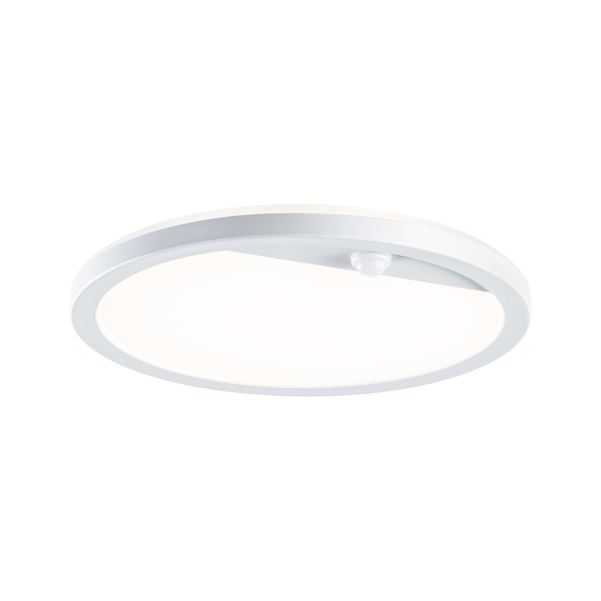 Round white LED ceiling light with motion sensor made of plastic for energy-efficient room lighting