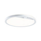 Round white LED ceiling light with motion sensor made of plastic for energy-efficient room lighting
