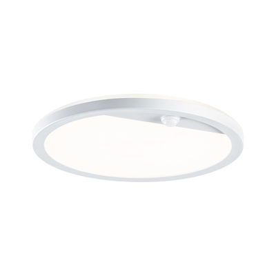 Round white LED ceiling light with motion sensor made of plastic for energy-efficient room lighting