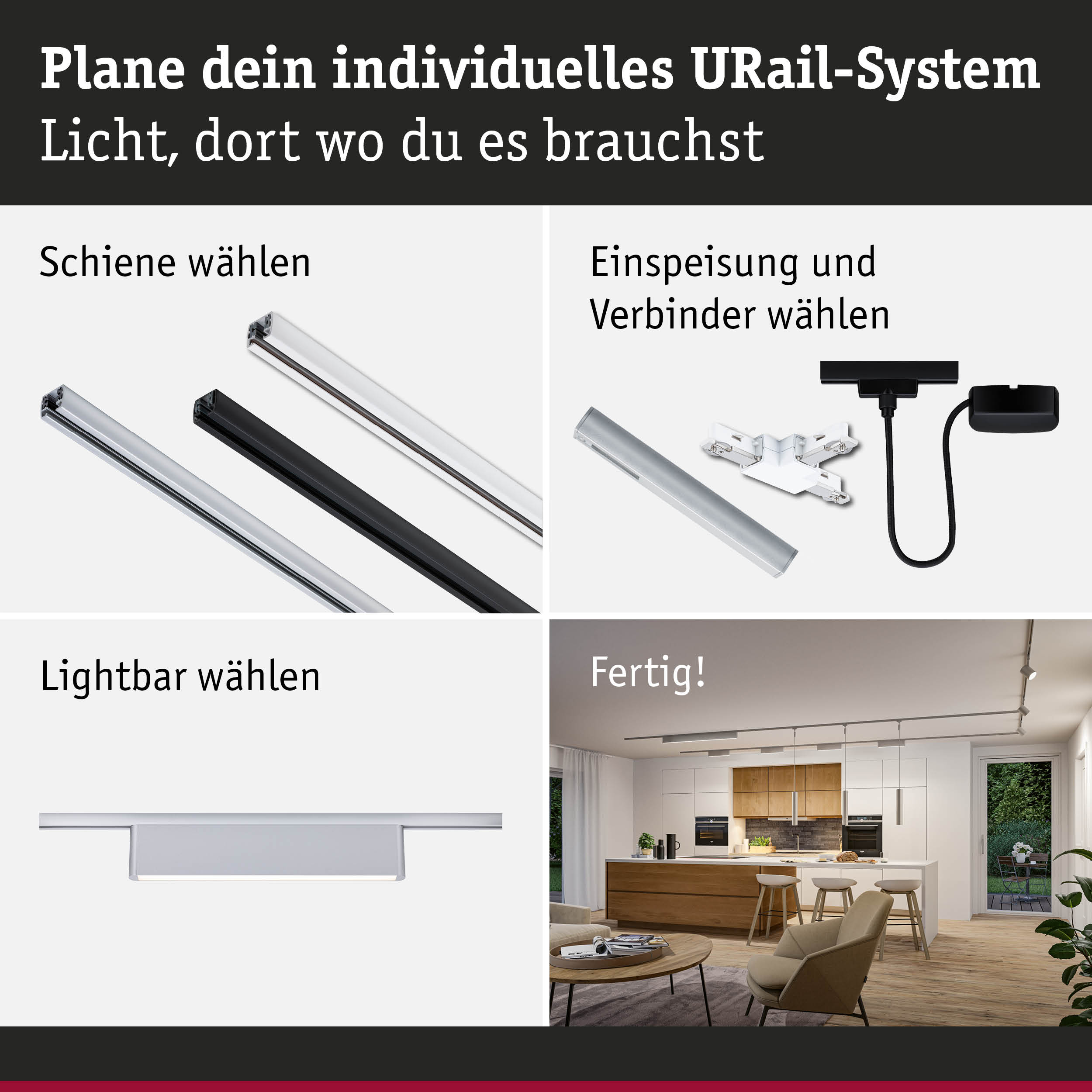 Modulares URail-Schienensystem mit weißen und schwarzen Schienen, Steckern und Lichtleisten für flexible Beleuchtung