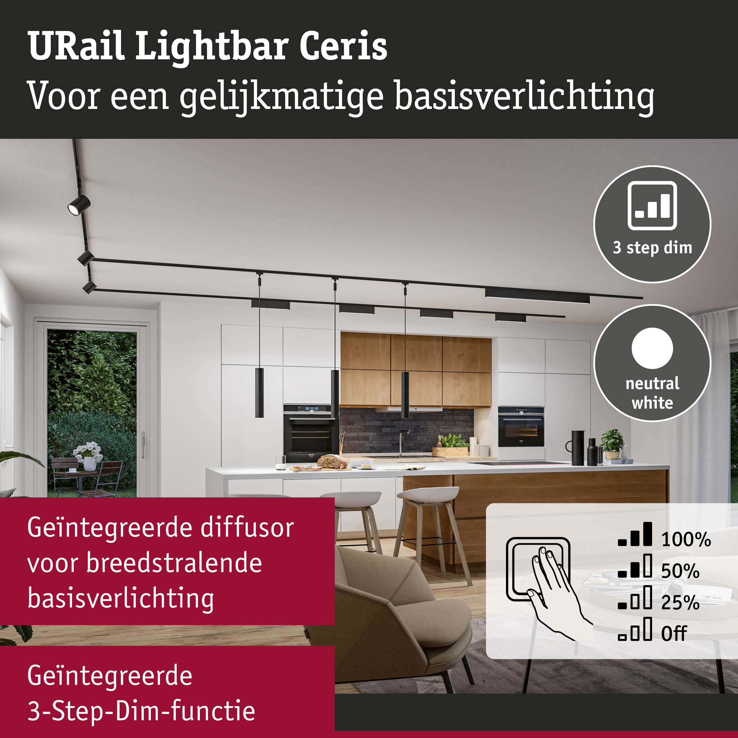 Zwarte URail Lightbar Ceris plafondlamp met 3-staps dimfunctie voor gelijkmatige basisverlichting