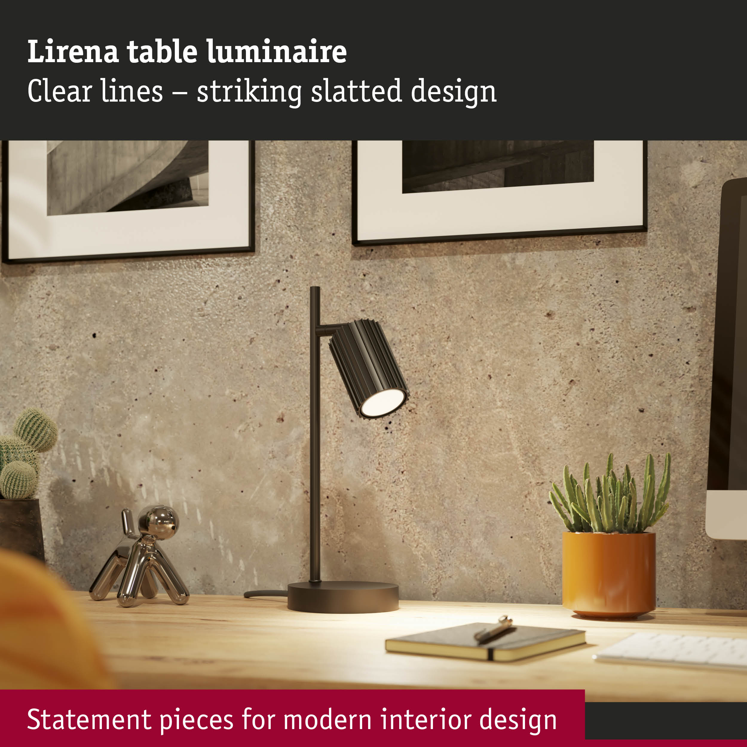 Black Lirena table lamp with ribbed shade on wooden desk with decor and notebook for modern interiors