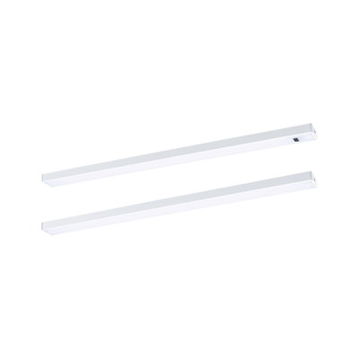 Two white LED under-cabinet lights made of plastic for modern kitchen lighting