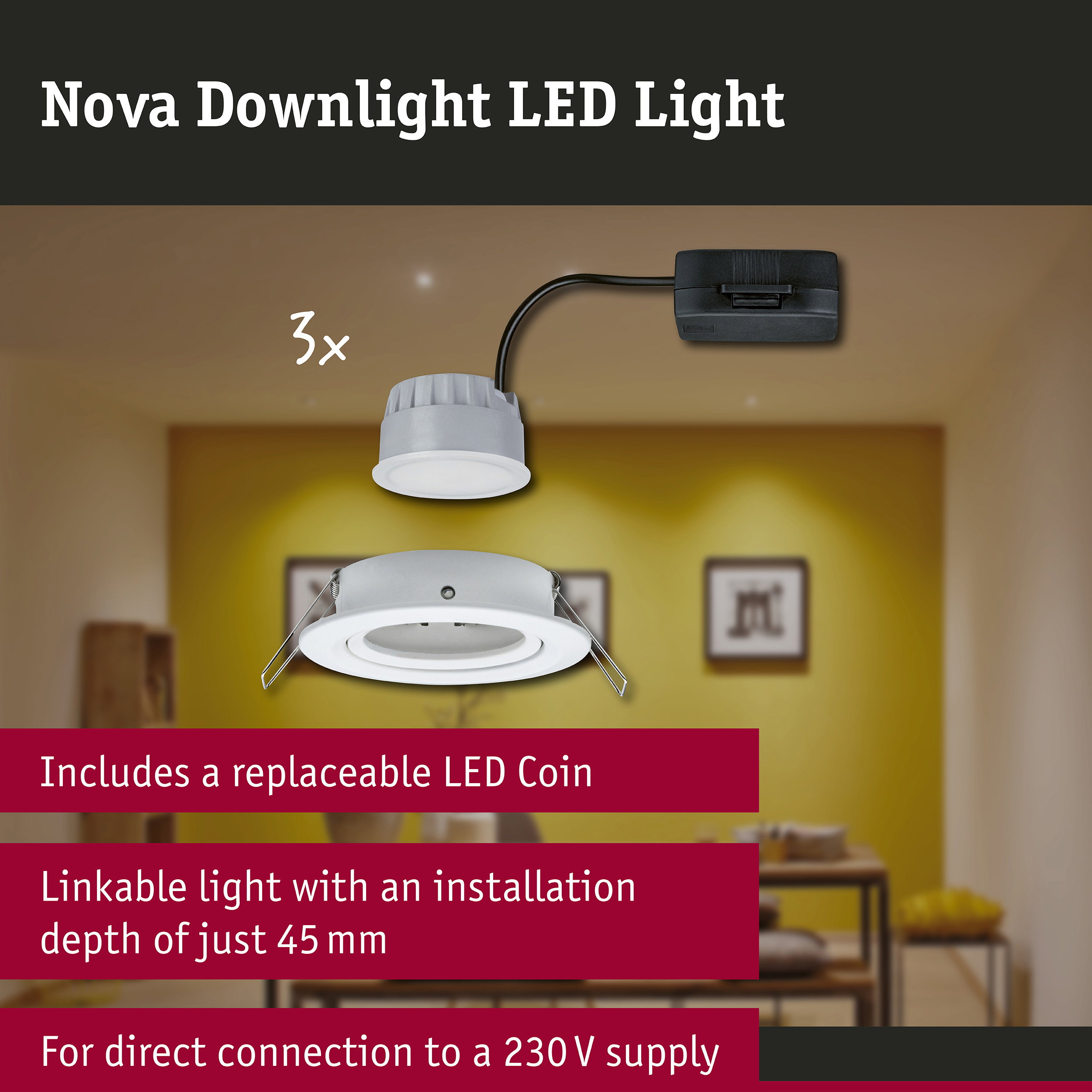 LED Downlight 3-Step-Dim Nova Coin Basic Set Swivelling round 84mm 50° Coin 3x6W 3x470lm 230V dimmable 2700K Matt white