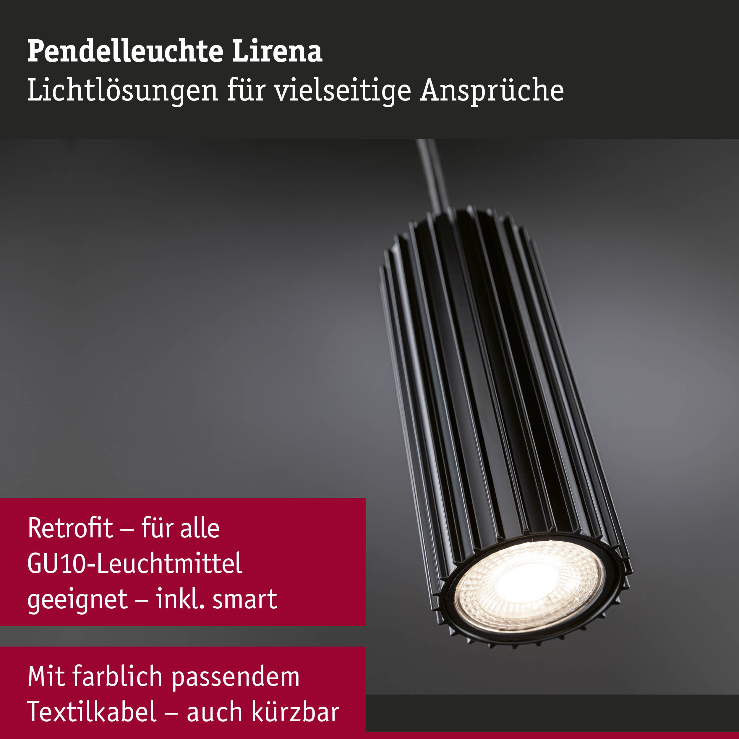 Pendelleuchte Lirena in Schwarz mit GU10-Leuchtmittel und passendem Textilkabel für vielseitige Lichtlösungen