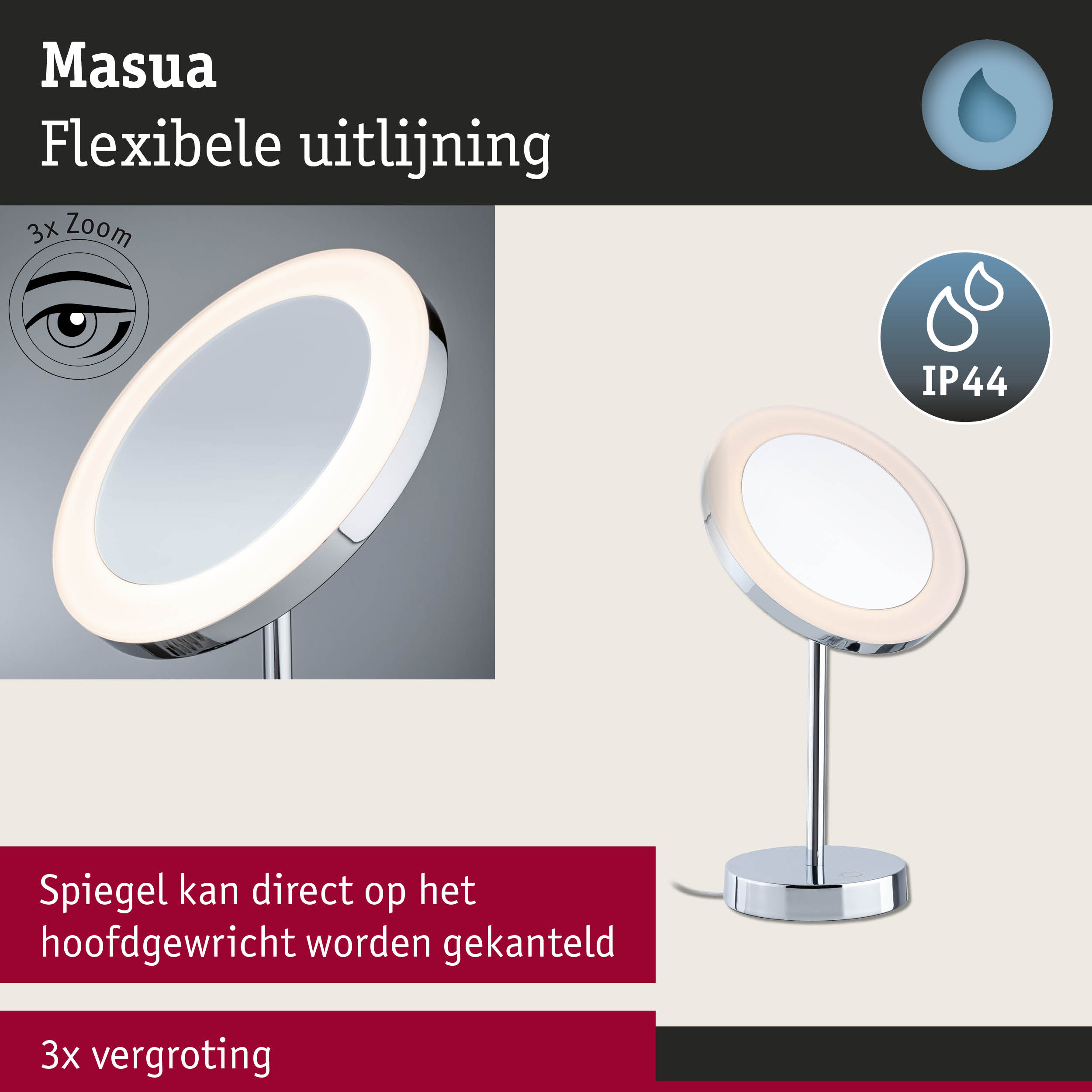 Flexibele LED make-up spiegel met 3x vergroting, chromen afwerking en IP44 waterbestendig
