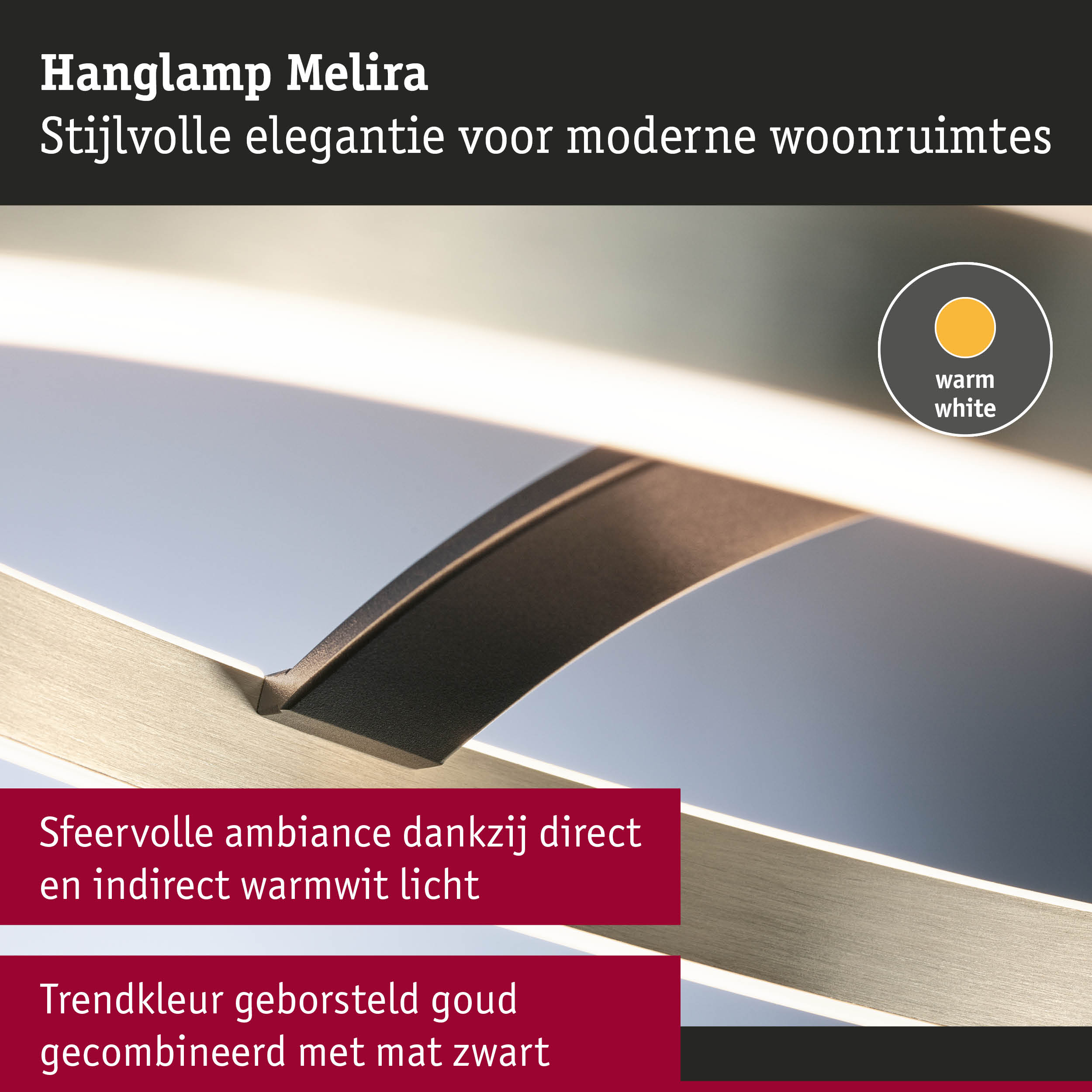 Moderne Melira hanglamp in geborsteld goud en mat zwart met warm wit licht voor woonruimtes