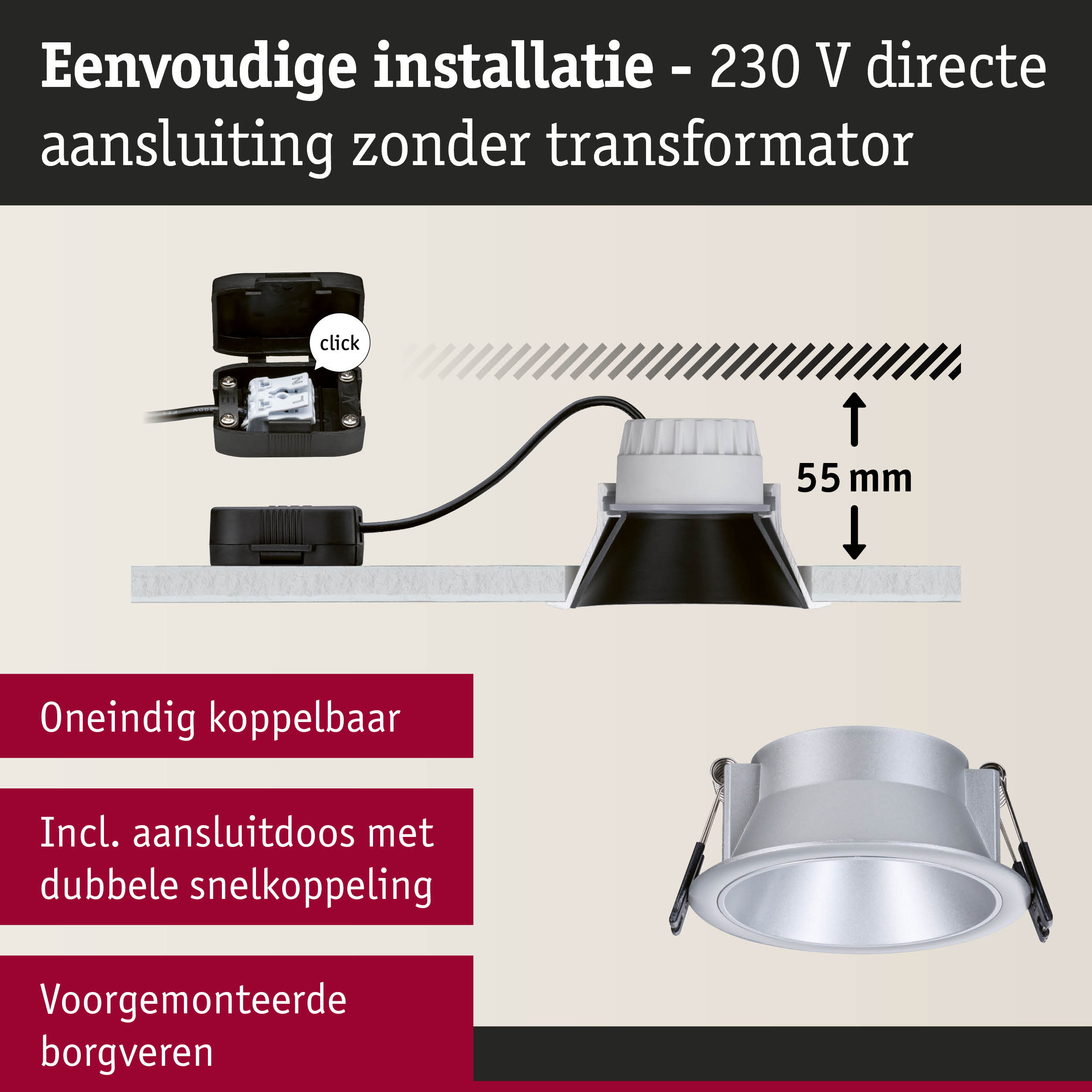 Inbouwspot van zilverkleurig aluminium met 55 mm inbouwdiepte en directe 230 V aansluiting zonder transformator