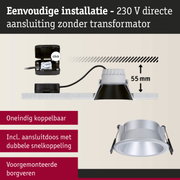 Inbouwspot van zilverkleurig aluminium met 55 mm inbouwdiepte en directe 230 V aansluiting zonder transformator