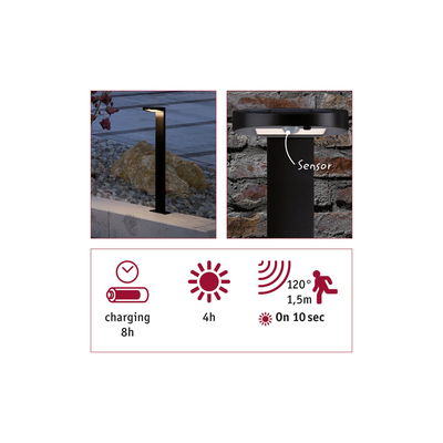 Black LED outdoor light with motion sensor and 8-hour charging time for garden and terrace