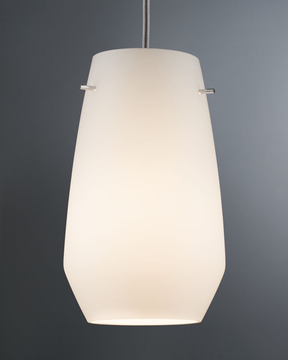 Modern white glass pendant lamp with metal accents for stylish indoor lighting.