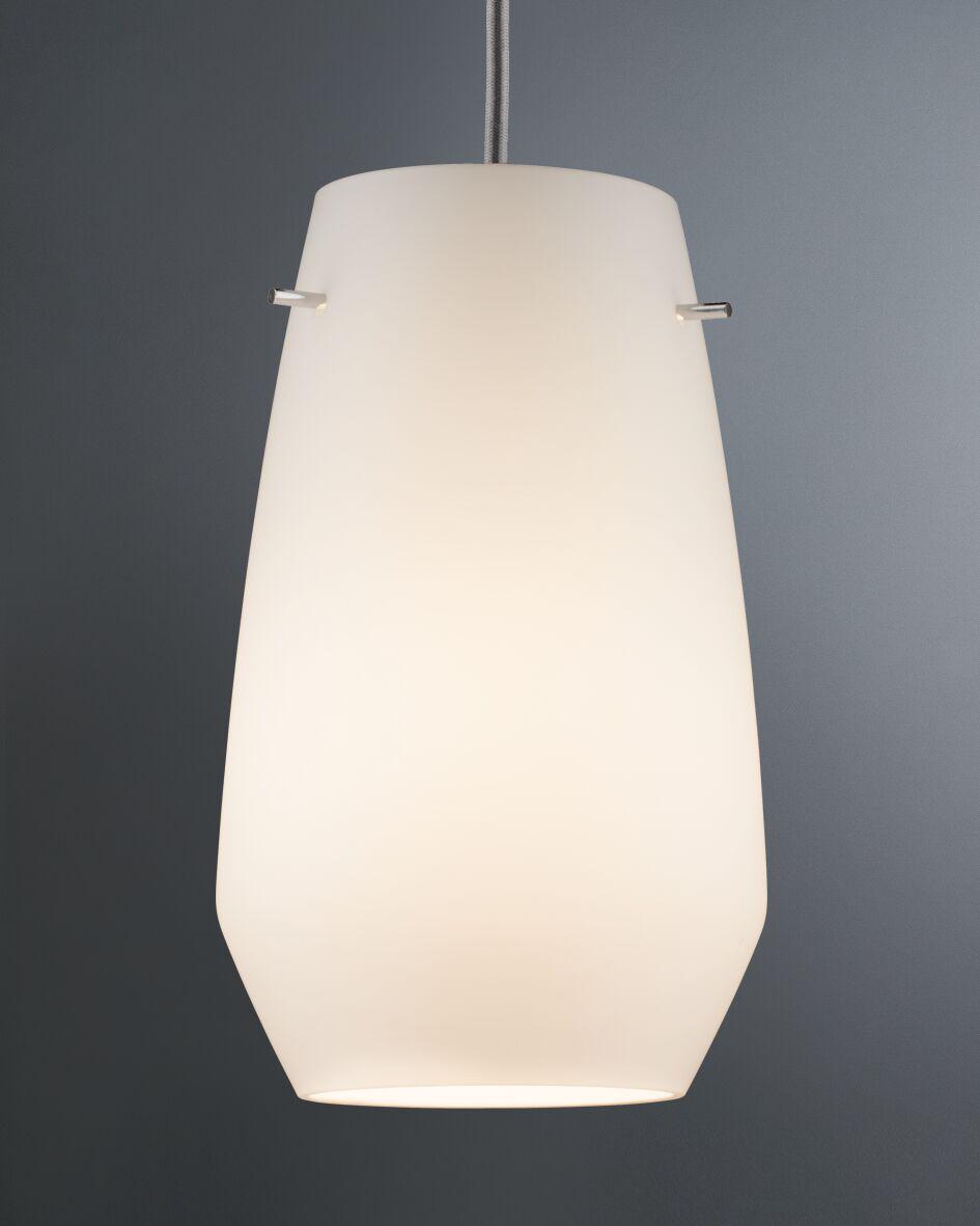 Modern white glass pendant light with metal accents, perfect for stylish home lighting