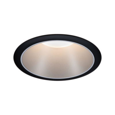 Round LED recessed light with black aluminium frame and warm white light for modern interiors
