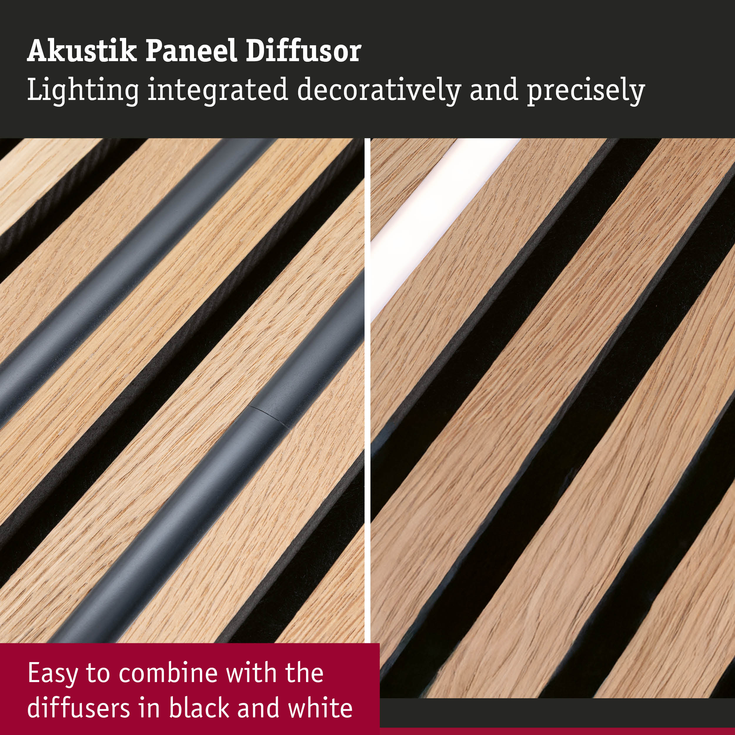 Wooden acoustic panel diffuser with integrated black and white lighting for sound control