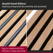 Wooden acoustic panel diffuser with integrated black and white lighting for sound control