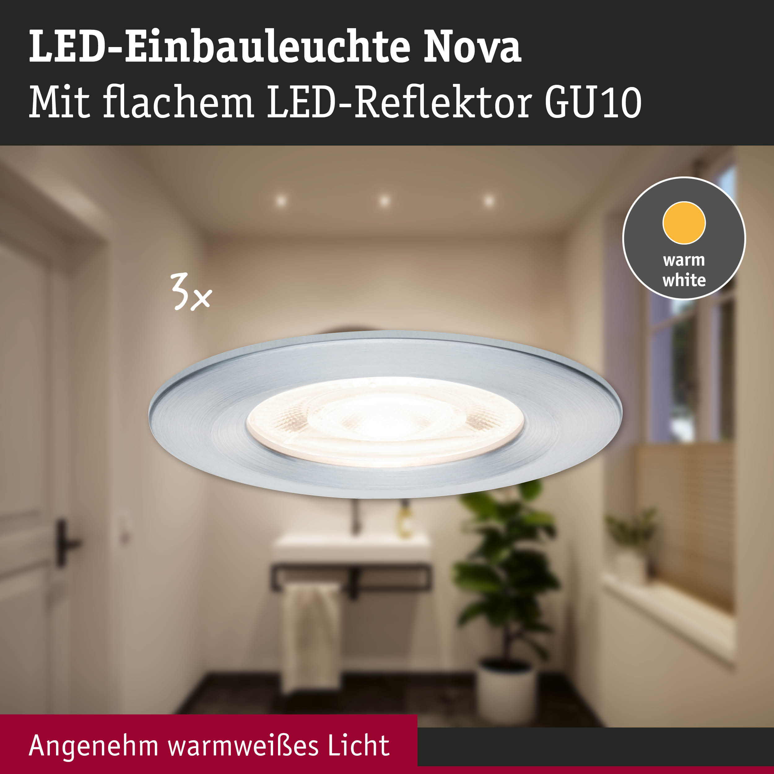 LED-Einbauleuchte Nova aus Aluminium in Silber mit warmweißem Licht für Wohnräume