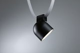 Black metal LED spotlight with white textile cable for modern accent lighting