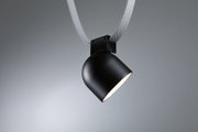 Black metal LED spotlight with white textile cable for modern accent lighting