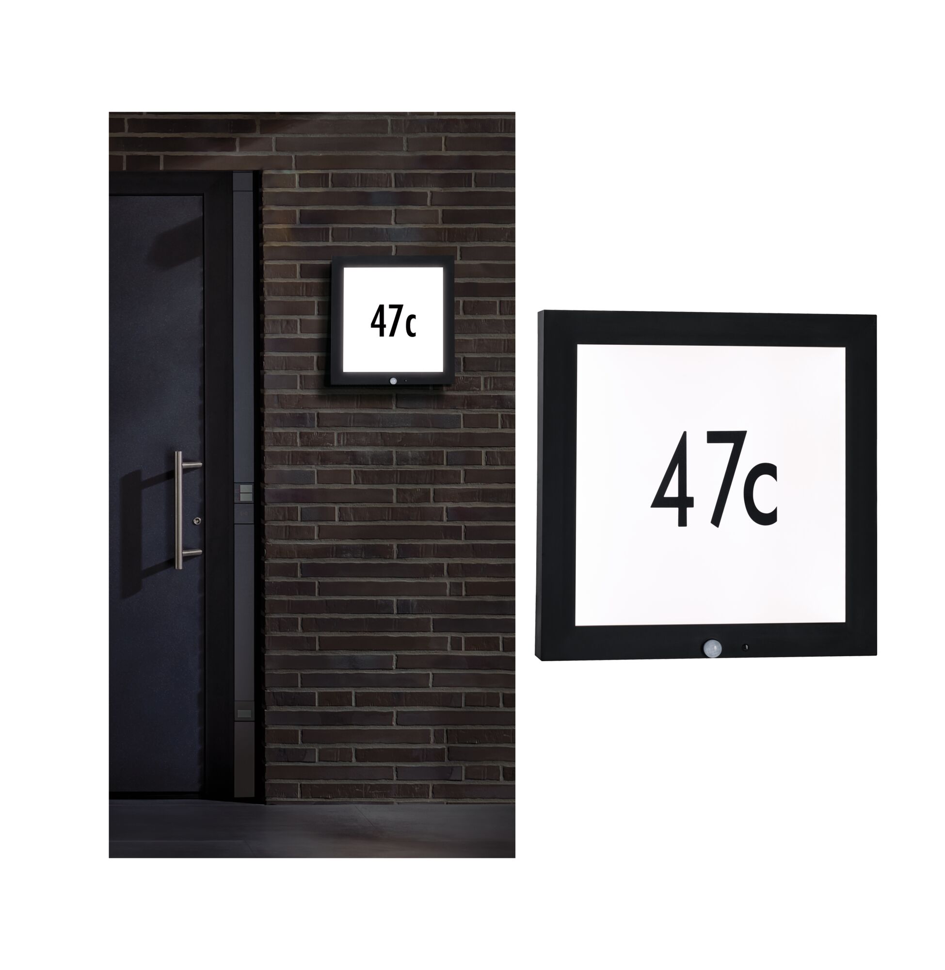 Plaque de numéro de maison LED noire avec détecteur de mouvement sur mur en briques sombre pour éclairage extérieur.