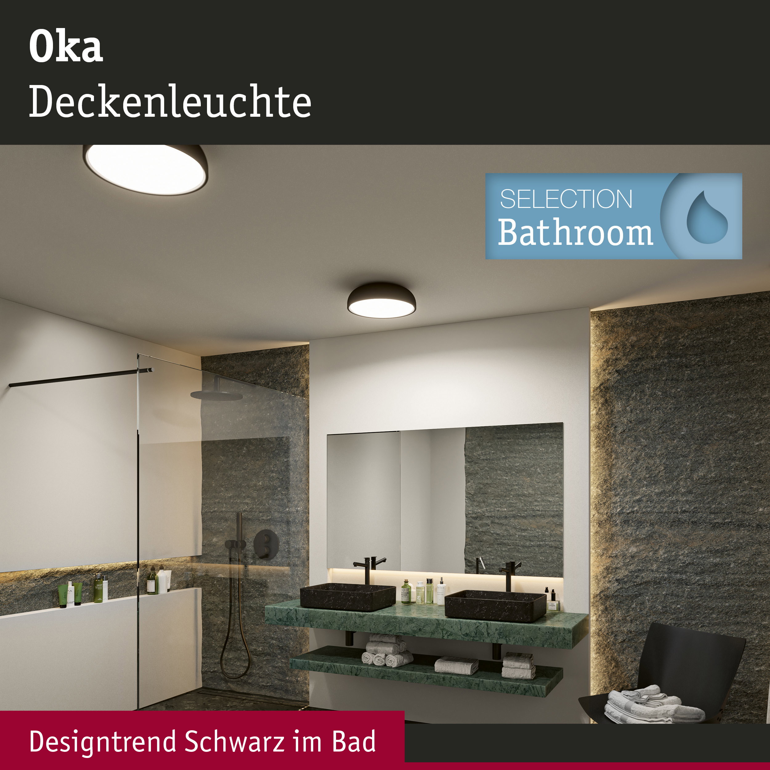 Moderne Oka Deckenleuchte in Schwarz im Badezimmer mit grünem Marmorwaschtisch und schwarzer Armatur