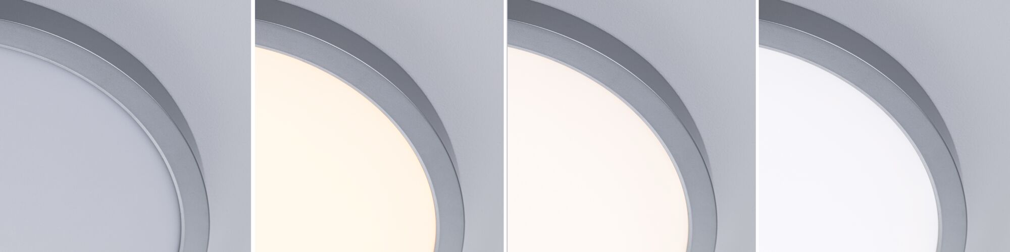 Rundes LED-Deckenlicht mit silbernem Aluminiumrahmen zeigt verschiedene Lichtfarben für Wohnraumbeleuchtung