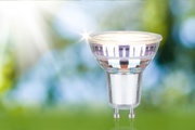 Clear GU10 LED bulb with glass housing providing energy-efficient indoor lighting