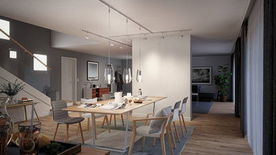Moderne eetkamer met houten stoelen en tafel verlicht door heldere Paulmann glazen hanglampen.