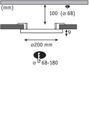 Schéma technique avec dimensions pour spot encastré rond Ø200 mm, profondeur 9 mm, trou Ø68 mm