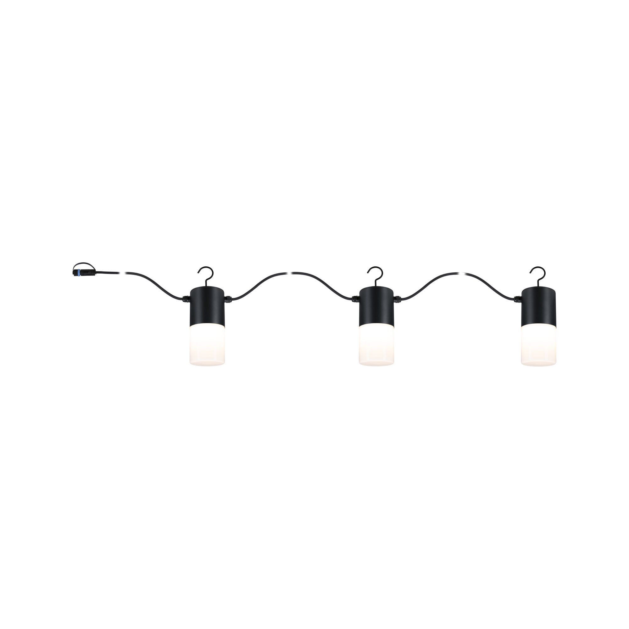 Plug & Shine LED Lichterkette Tubs IP44 3000K 3x2W Anthrazit Drei schwarze LED-Lichter mit weißen Diffusoren an flexiblem Kabel für moderne Innenbeleuchtung