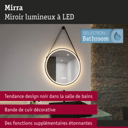 Miroir LED rond Mirra avec cadre noir et bande de cuir décorative pour salle de bains