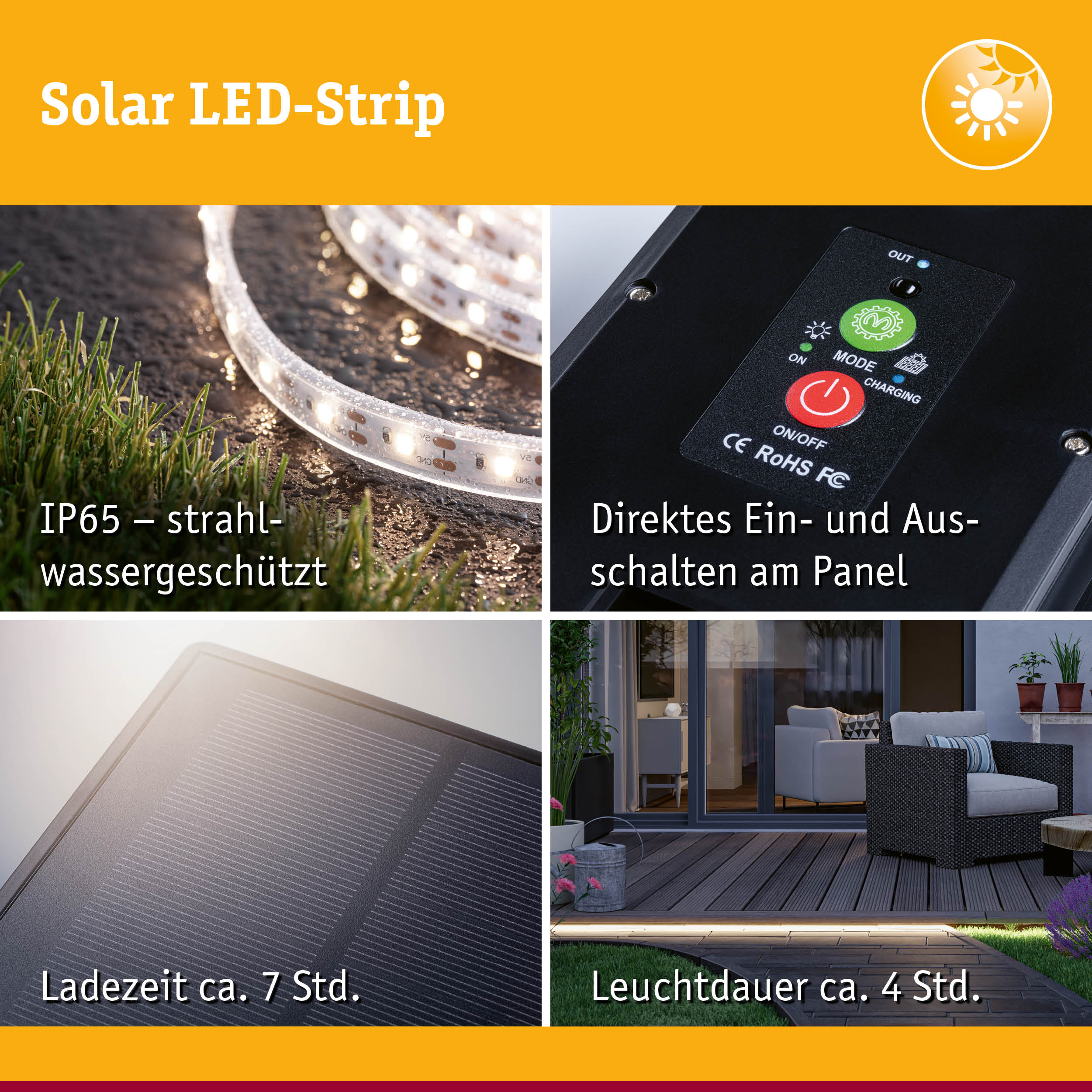 Solar LED-Strip mit IP65 Schutz, direktem Ein- und Ausschalten, 7 Stunden Ladezeit, 4 Stunden Leuchtdauer
