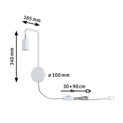 Witte metalen wandlamp met schakelaar, 340 mm hoog, 165 mm uitsteeksel, 100 mm diameter