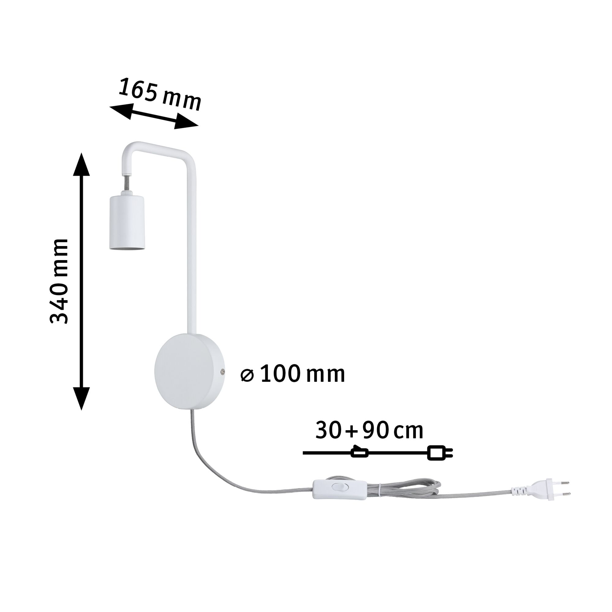Witte metalen wandlamp met schakelaar, 340 mm hoog, 165 mm uitsteeksel, 100 mm diameter