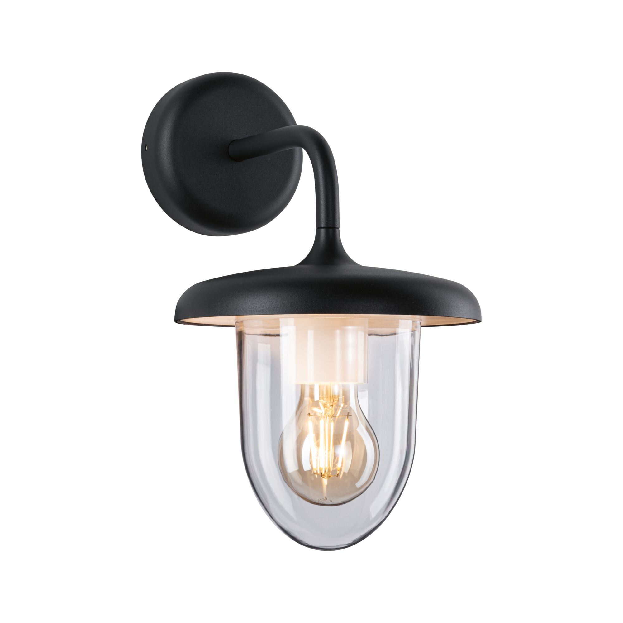 Black metal wall lamp with clear glass and visible bulb for outdoor lighting