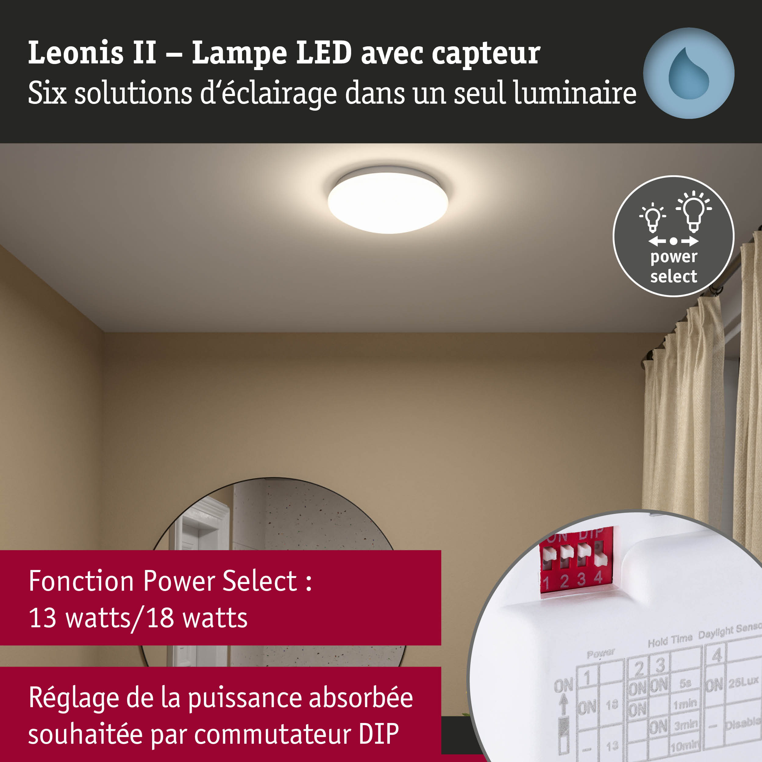 Lampe LED Leonis II blanche avec capteur, fonction Power Select pour réglage de la puissance