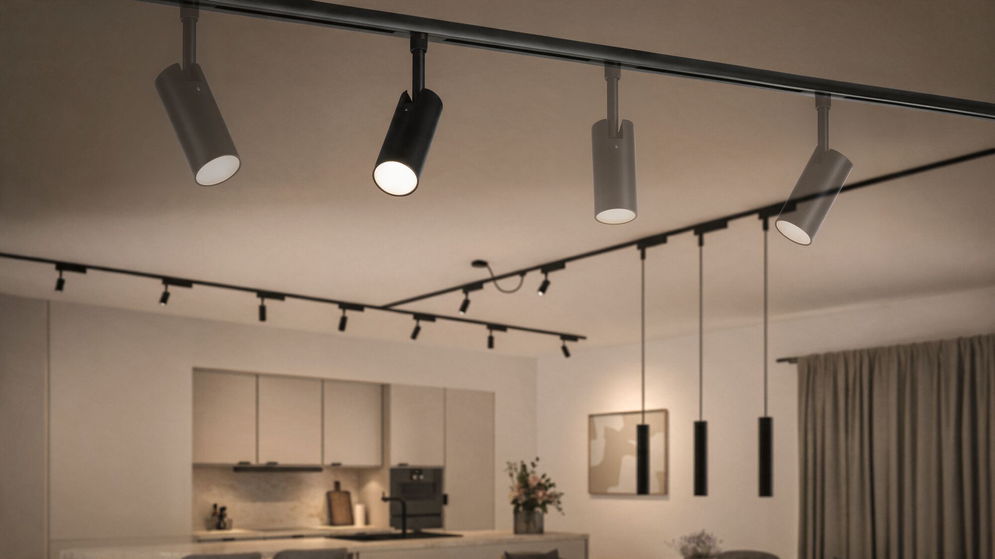 Schwarze LED-Schienenstrahler aus Metall in moderner Küche für gezielte Beleuchtung und Wohnraumgestaltung