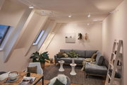 Modern living room with grey fabric sofa, white LED cable spotlights and wooden flooring