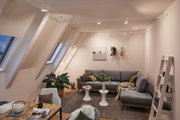 Modernes Wohnzimmer mit grauem Stoffsofa, weißen LED-Seilstrahlern und Holz-Teppichboden
