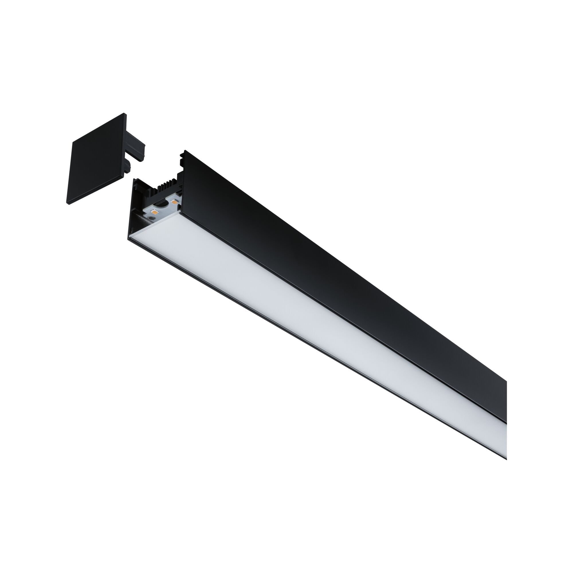 Schwarzes LED-Aluminiumprofil mit milchigem Diffusor und abnehmbarem Endstück für moderne Lichtsysteme