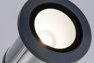Modern LED outdoor spotlight in brushed aluminum with black rim for garden lighting