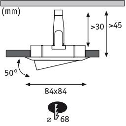 Technische Zeichnung eines Einbaustrahler-Schemas mit 84x84 mm Abmessungen und 50 Grad Neigung